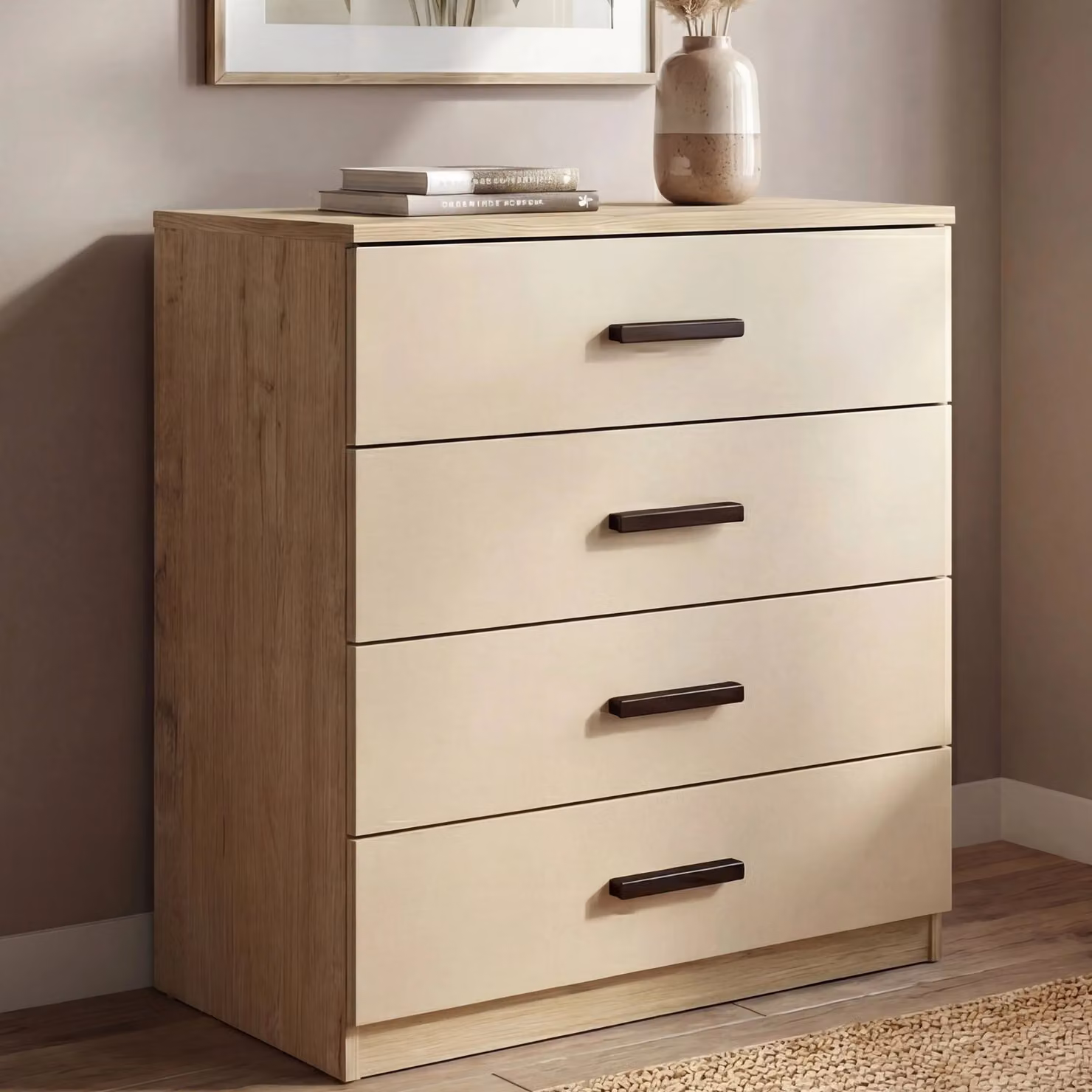 DHS Blythe 4 Drawer Chest of Drawers in Oak and Cashmere, W/D/H: 70 x 40 x 80 cm