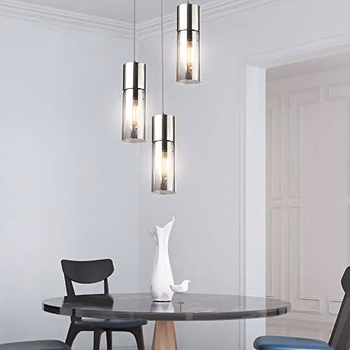 Globo Lighting Modern Cylinder Suspended Pendant Light in Nickel Matt Silver with Transparent Glass and E27 Bulb Holder – 7