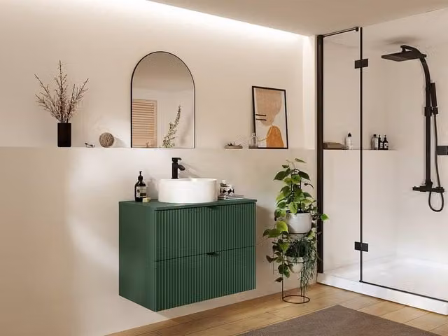 Vente-unique Striped Wall-Hung Bathroom Vanity Unit with Round Ceramic Basin in Green and White, W/D/H: 60 x 47 x 80 cm