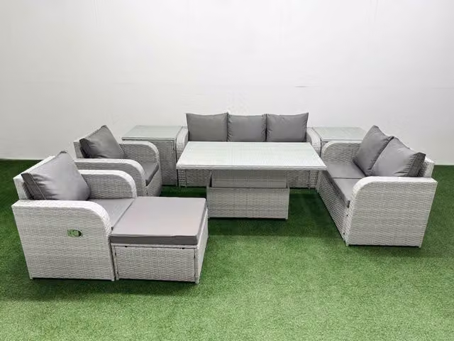 Fimous Grey PE Rattan Garden Furniture Set with 2 Seater Outdoor Sofa, Reclining Chairs and Coffee Table