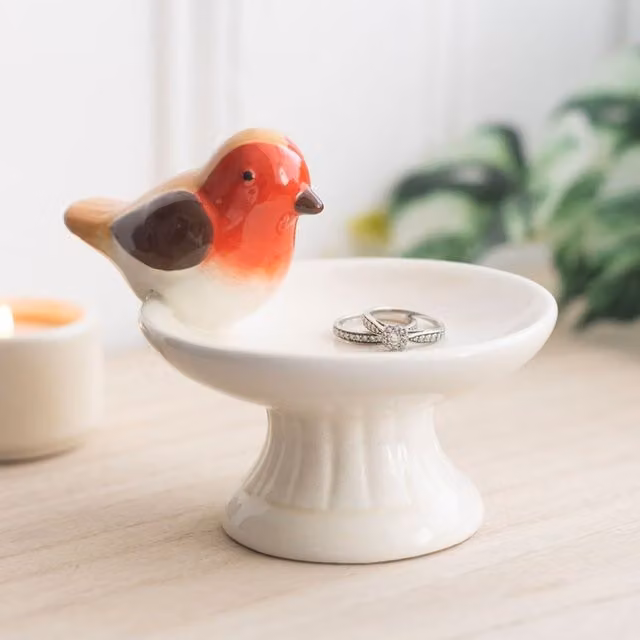 Kingsbury Gifts Robin Bird Bath Ceramic Trinket Jewellery Dish, Multicolour and White