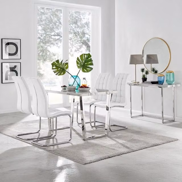 FurnitureboxUK Kylo White Marble Effect Dining Table and 4 Murano Chairs Set in White, Silver and Grey
