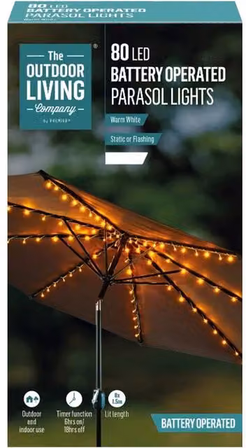 Premier Decorations Parasol String Lights with 80 Warm White LEDs and Timer, White