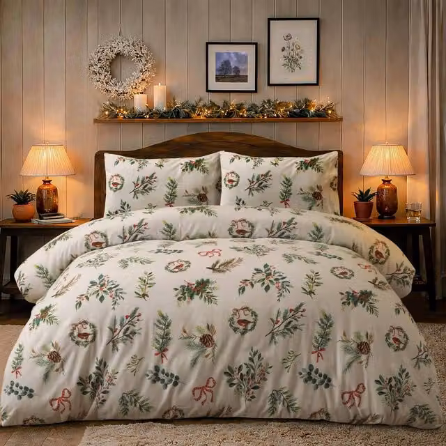 Portfolio Home Evergreen Bows Festive Botanical Duvet Cover and Pillowcase Set, White and Multicolour, W/D/H: 138 x 200 cm – 1