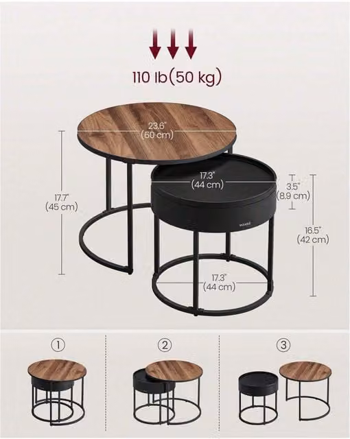 VASAGLE Modern Round Nesting Coffee Tables with Hidden Storage in Gold and Brown