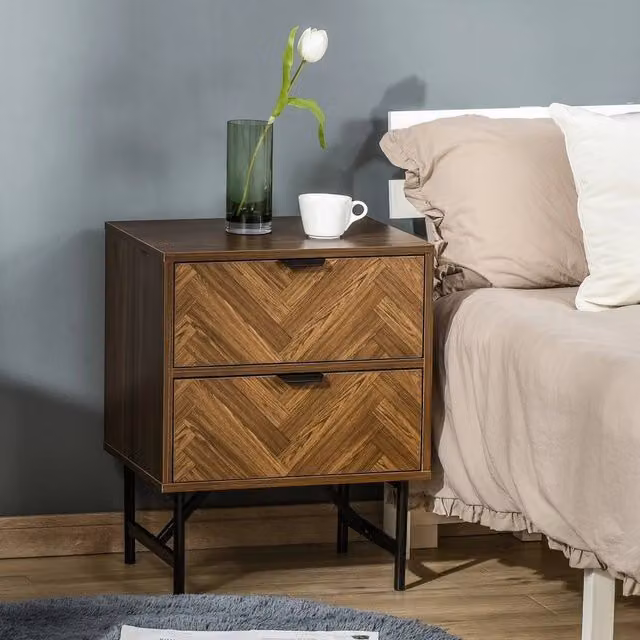 FORGEVIO Set of 2 Brown Bedside Tables with 2 Drawers and Metal Accents – 1