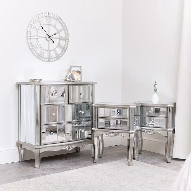 Melody Maison Tiffany Range Silver Mirrored Chest of Drawers and Pair of Bedside Tables
