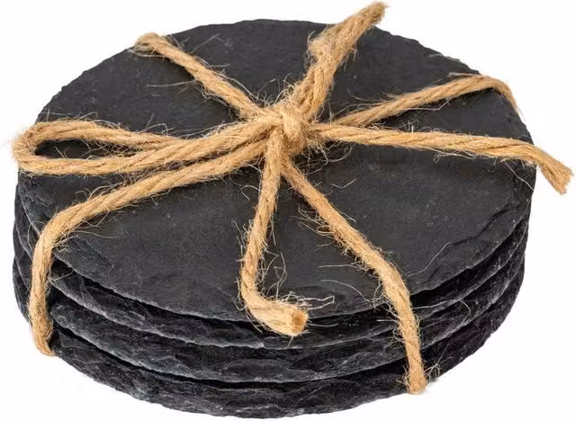 Lemon Pavilion Round Slate Coasters, Set of 4, Black, W: 10 cm, D: 10 cm, H: 4 cm