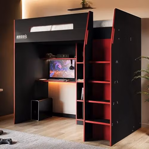 Flair Furnishings Recoil High Sleeper Gaming Bed with Storage, Desk and Stairs in Black and Red, W/D/H: 90 x 190 x 181 cm