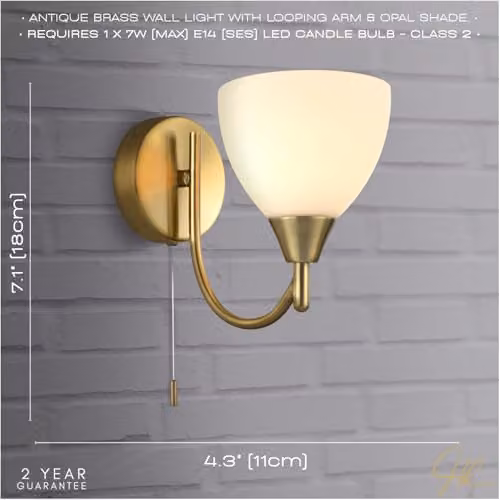 Happy Homewares Contemporary Pull Switched Wall Light Fixture in Gold/Brass with White Glass Shade, W/D/H: 18 x 21 x 11 cm – 2