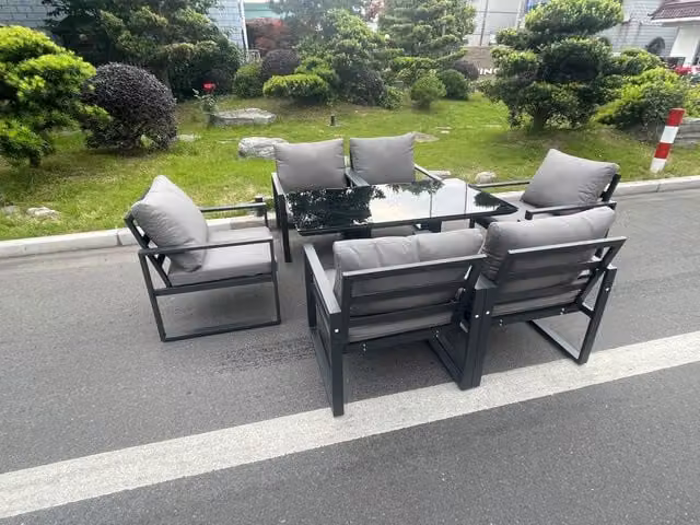 Fimous 6-Seater Aluminium Garden Dining Set with Adjustable Rising Table and Black Tempered Glass Top in Dark Grey