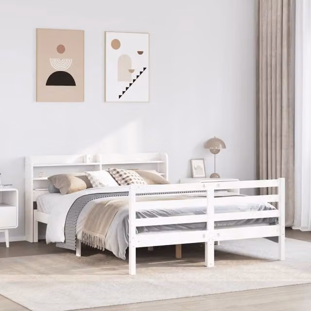 Berkfield Home White Pine Wood Bed Frame with Headboard, W: 140 cm, L: 190 cm