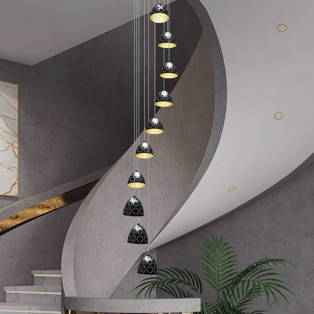 NIVOR 10-Light LED Dimmable Adjustable Pendant Chandelier in Black and Gold/Brass for Staircases, Living Rooms, Kitchens and Dining Rooms – 6