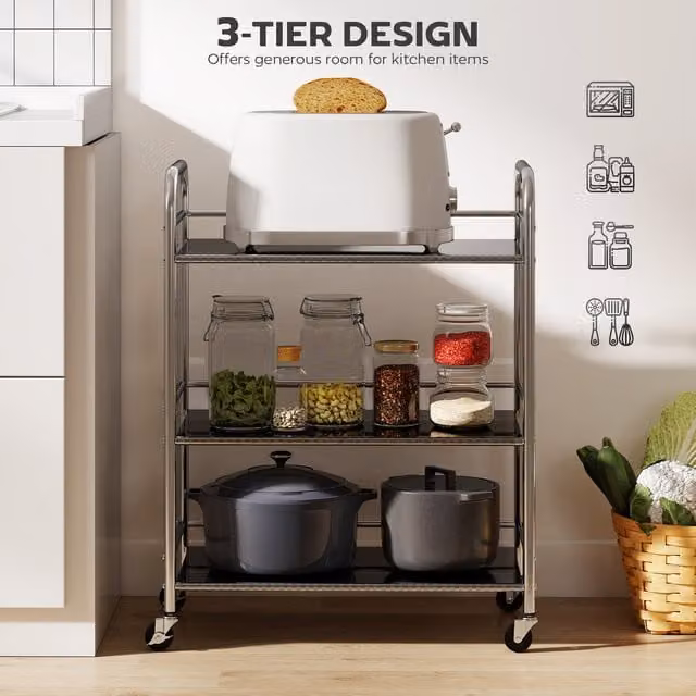 HOMCOM 3 Tier Stainless Steel Kitchen Trolley on Wheels, Silver