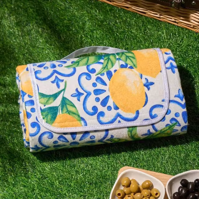 OHS Blue Tiles Graphic Folding Picnic Blanket for Beach and Summer Use