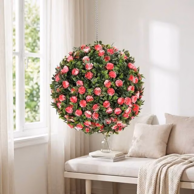 STILVORA Set of 2 Pink Artificial Rose Topiary Balls, Diameter: 28 cm – 1