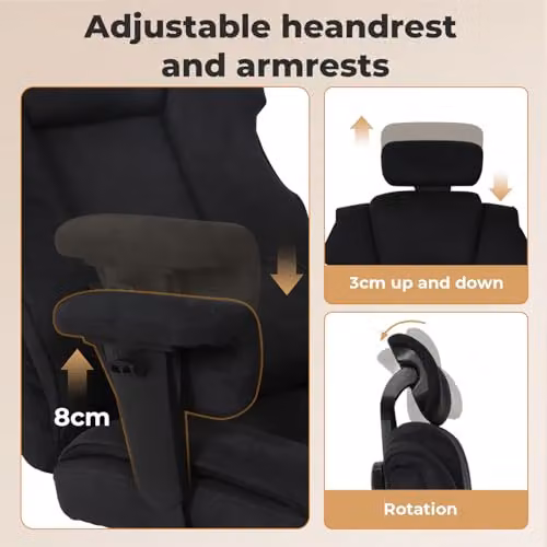 Levede Ergonomic Black Fabric Office and Gaming Chair with Adjustable Headrest, Armrests and Footrest – 8