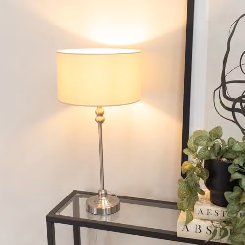 ValueLights Modern Chrome Metal Table Lamp with Beige Fabric Cylinder Shade – 2
