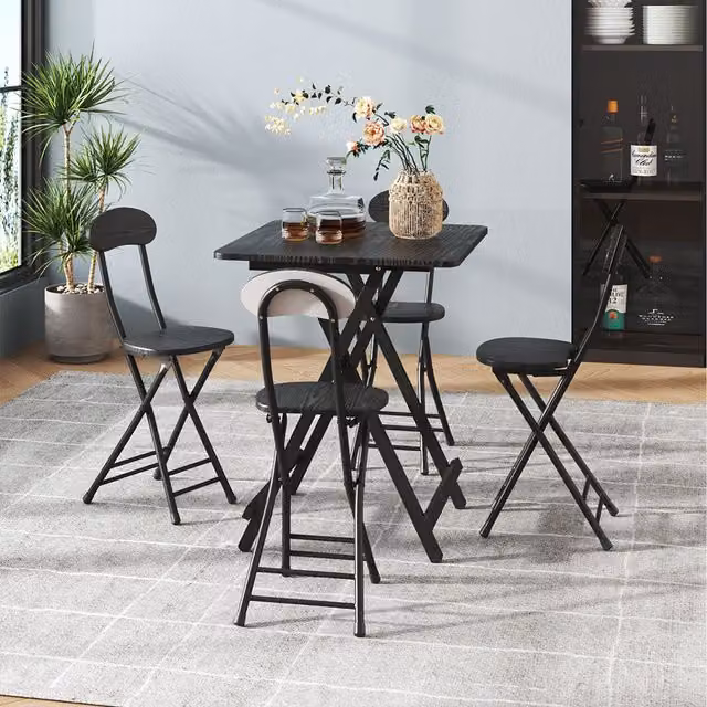 Komore Black Metal Frame Folding Dining Table and 4 Folding Chairs Set