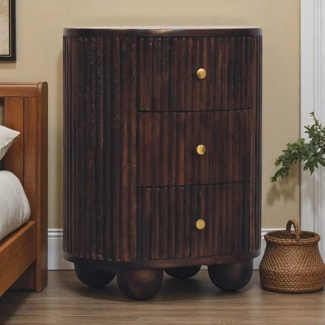 Artisan Furniture Solid Mango Wood Curved Fluted 3-Drawer Bedside Table in Brown