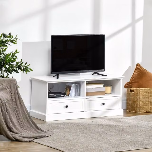HOMCOM White Classic TV Stand Cabinet with Cable Management, Drawer and Shelf