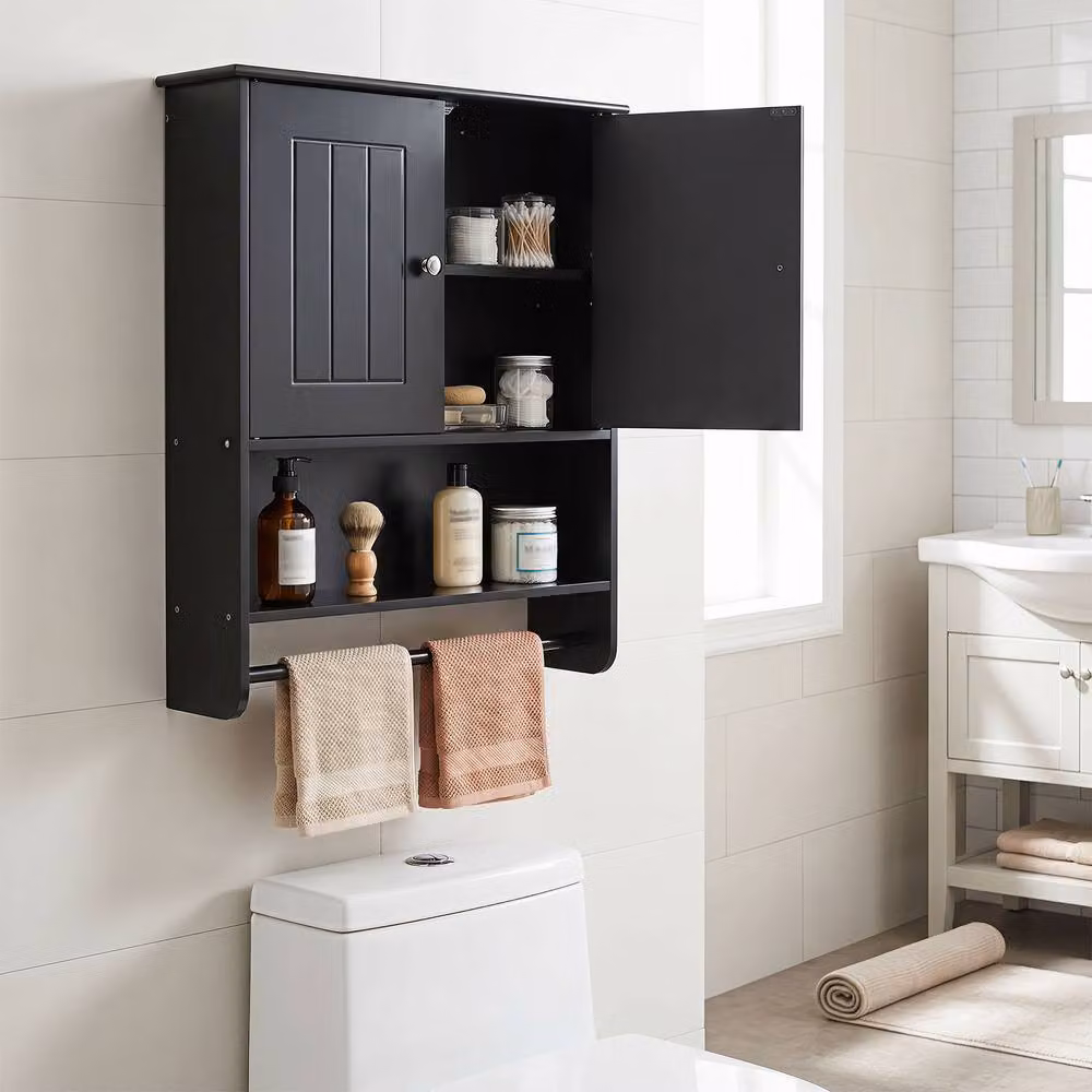 Costway Modern Black Wall Mounted Bathroom Cabinet with 2 Hinged Doors, Open Shelf and Internal Shelving – 4