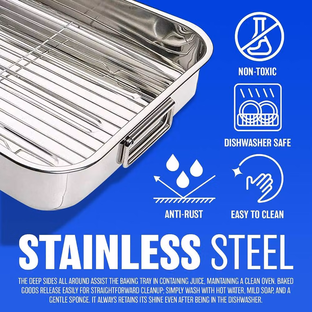BARGAINS-GALORE Stainless Steel Non-Stick Rectangular Roasting Tray in Silver, W: 27 cm, D: 21 cm – 4