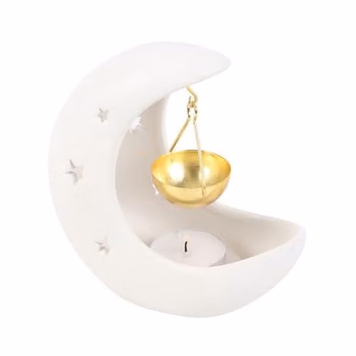 Something Different White Crescent Moon Hanging Ceramic Oil Burner with Gold Metal Dish