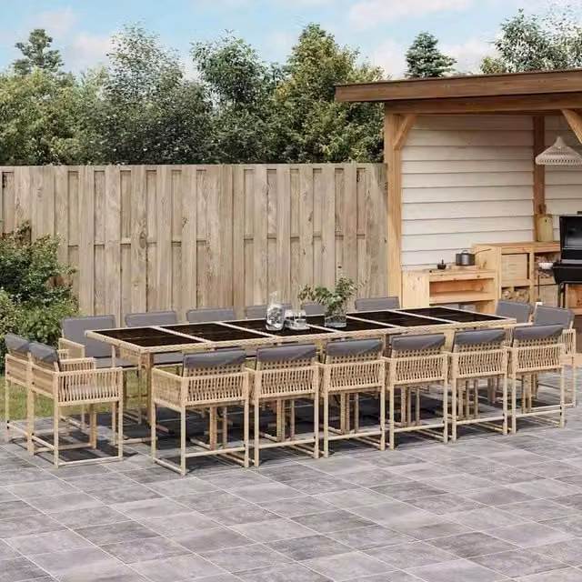 Berkfield Home 17 Piece Modern Poly Rattan Garden Dining Set with Cushions and Glass Top in Beige