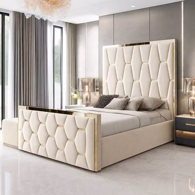 Paradise Beds Ltd Modern Upholstered Platform Bed Frame with Mirror Designed Headboard in Beige, W/D/H: 140 x 200 x 137.16 cm