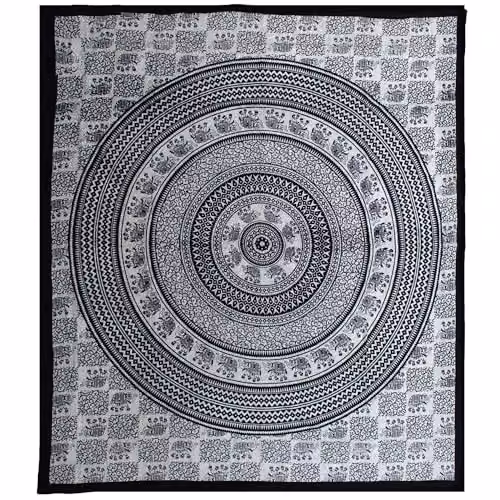 KDMD Double Cotton Bedspread and Wall Hanging Set with Black Elephant Mandala Design – 1