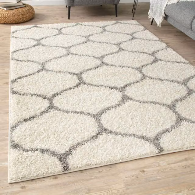 THE RUGS Moroccan Soft High Pile Shaggy Trellis Rug, Off-White, W: 80 cm, L: 150 cm