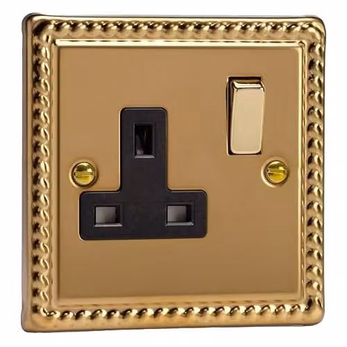 Varilight Classic Georgian Brass Single Switched UK Plug Socket with Brass and Black Insert – 1