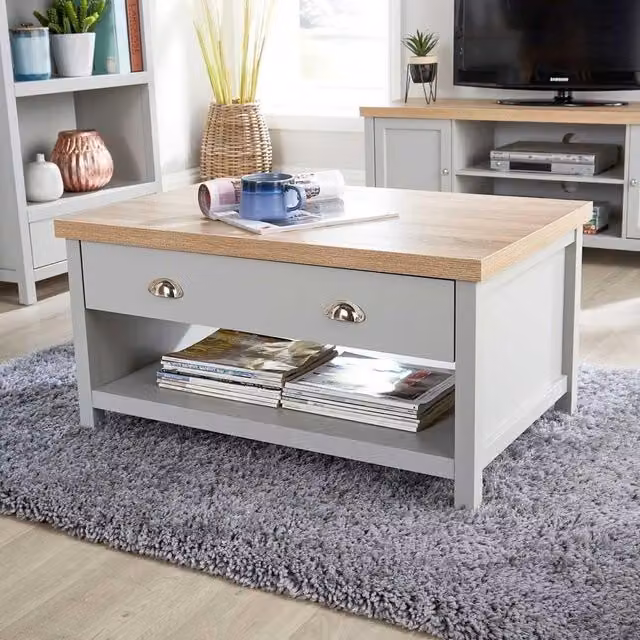 Home Source Modern Grey Coffee Table with 36mm Oak Top and 2 Drawers – 1
