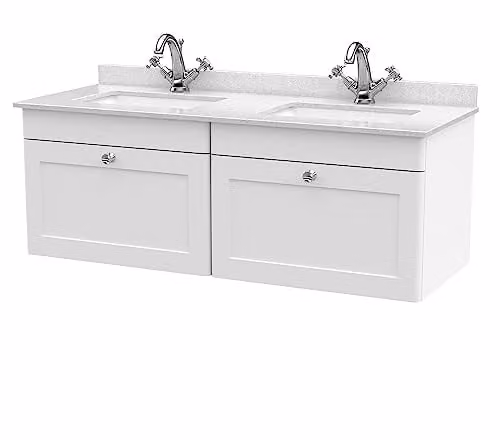 nuie Classique Wall Hung 2 Drawer Unit and 1 Tap Hole Marble Worktop with Square Basin, Satin White