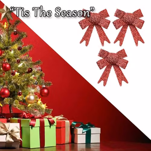 VFM e-Store Red Tinsel Bows for Christmas Decorations, Pack of 3, W/D/H: 10 x 13 x 3 cm – 6
