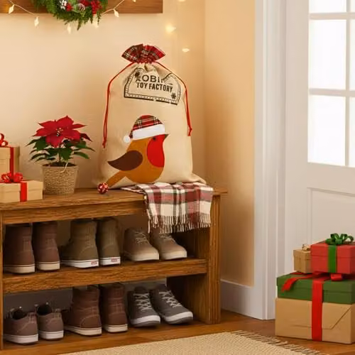 Shatchi Large Robin Santa Sack in Multicolour Burlap Hessian Linen, W/D/H: 70 x 50 x 50 cm – 2