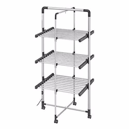 BLACK+DECKER 63091 3-Tier Heated Aluminium Clothes Airer with Cover and Wheels, Cool Grey, H x W x D: 140 x 73 x 68 cm