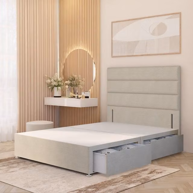 Horizona Modern Upholstered Divan Bed Base with Drawers and Floor Standing Headboard in Beige and Yellow Fabric, W/D/H: 120 x 200 x 34.5 cm