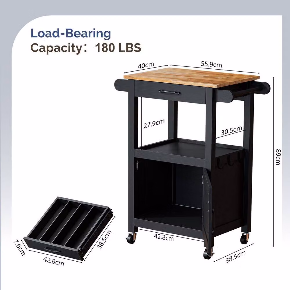 KORVIXA Black Mobile Kitchen Island Cart on Wheels with Drawer, W/D/H: 100 x 100 x 89 cm – 2
