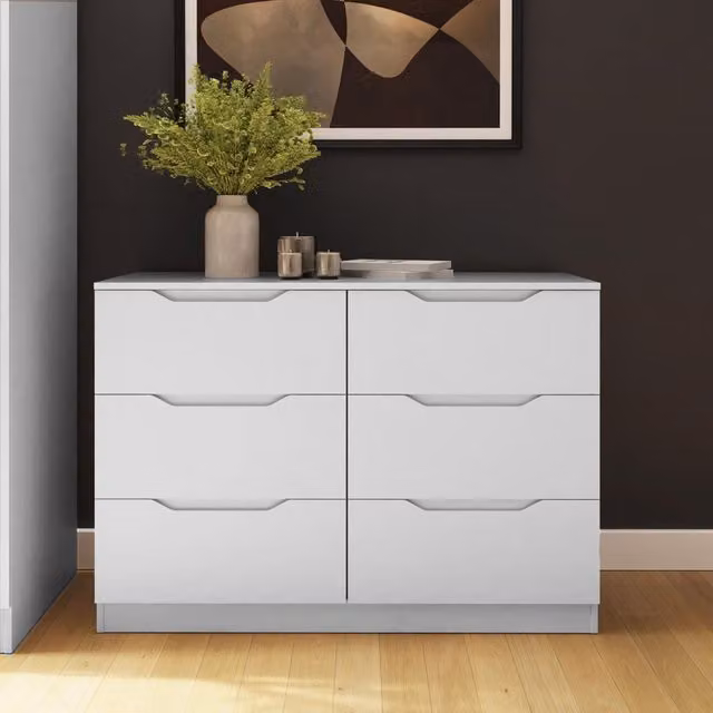 FWStyle Luno 6 Drawer Chest of Drawers White Minimalist Bedroom Storage W/D/H: 120 x 40 x 77 cm