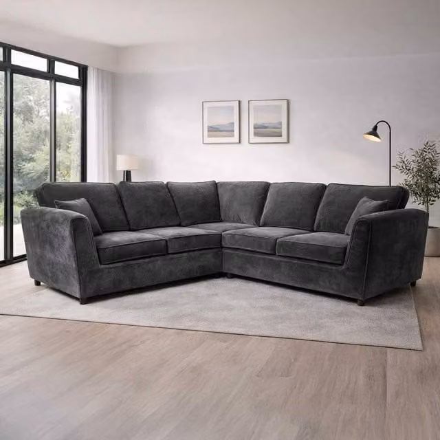 Furnishings For Less UK Ascot 5 Seater L-Shape Corner Sofa in Charcoal Chenille Fabric with Removable Covers and Scatter Cushions