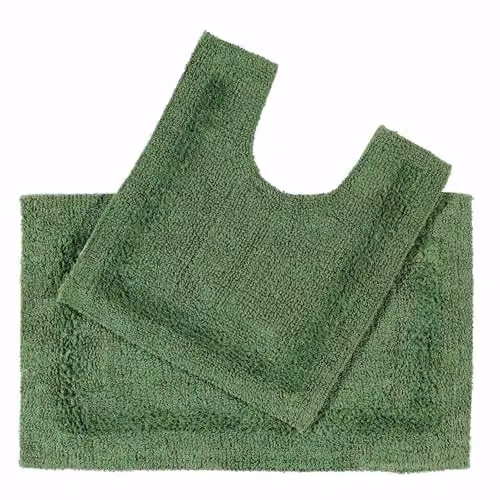 Homescapes Luxury 2 Piece Cotton Bath Mat and Toilet Mat Set in Green