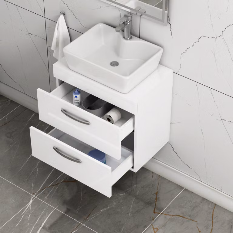 Royal Bathrooms Gloss White Wall Hung 2-Drawer Vanity Unit with Cube Countertop Basin