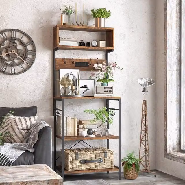 FORGEVIO Industrial Microwave Stand with Open Shelves and Hanging Rod, Brown, Height: 153 cm
