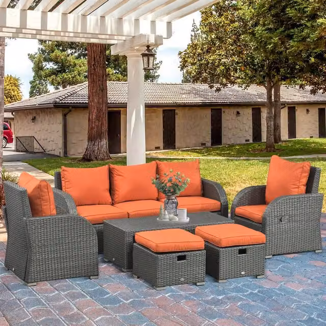 OUTSUNNY Rattan Garden Furniture Set with 3-Seater Sofa, Lounge Armchairs, and Matching Ottomans in Orange