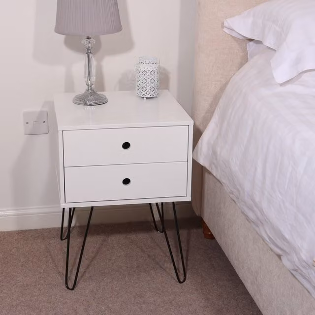 Core Products Set of 2 Options 2 Drawer Bedside Cabinets with White Lacquered Finish and Black Metal Legs