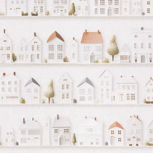 Erismann Little Town House City Pattern Vinyl Wallpaper, White