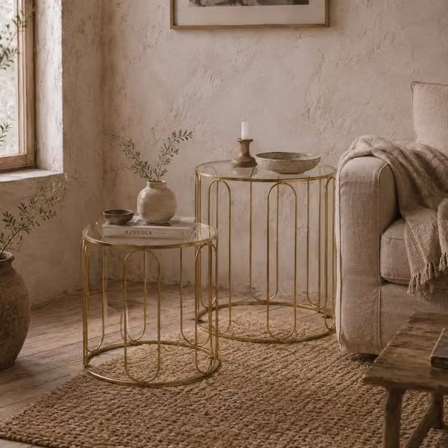 Wyld Haus Set of 2 Gold Tone Elliptical Cut Out Nesting Tables with Glass and Metal Tops