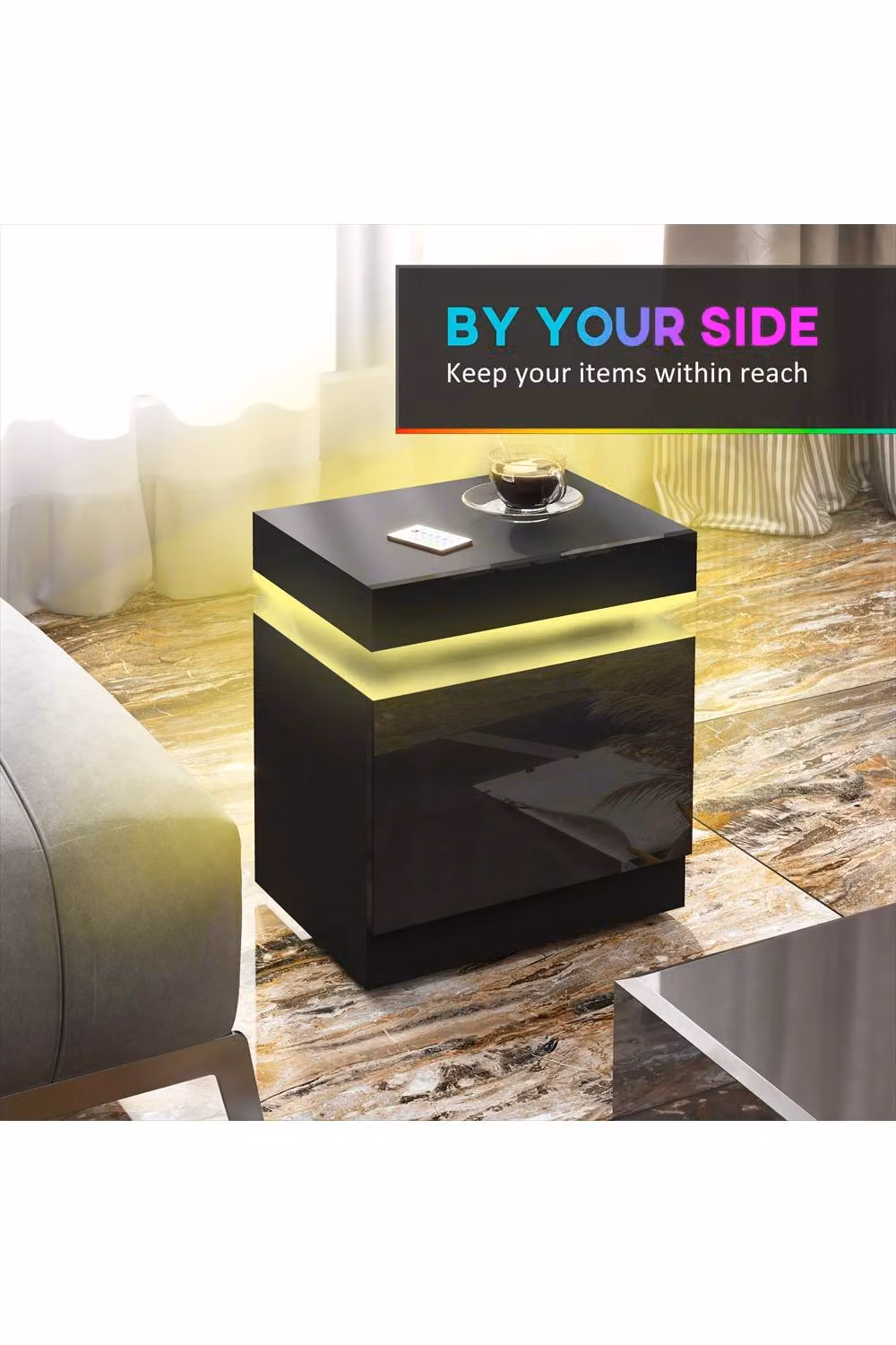 ERGOVEXA Black Glossy Bedside Table with Integrated LED Light – 3